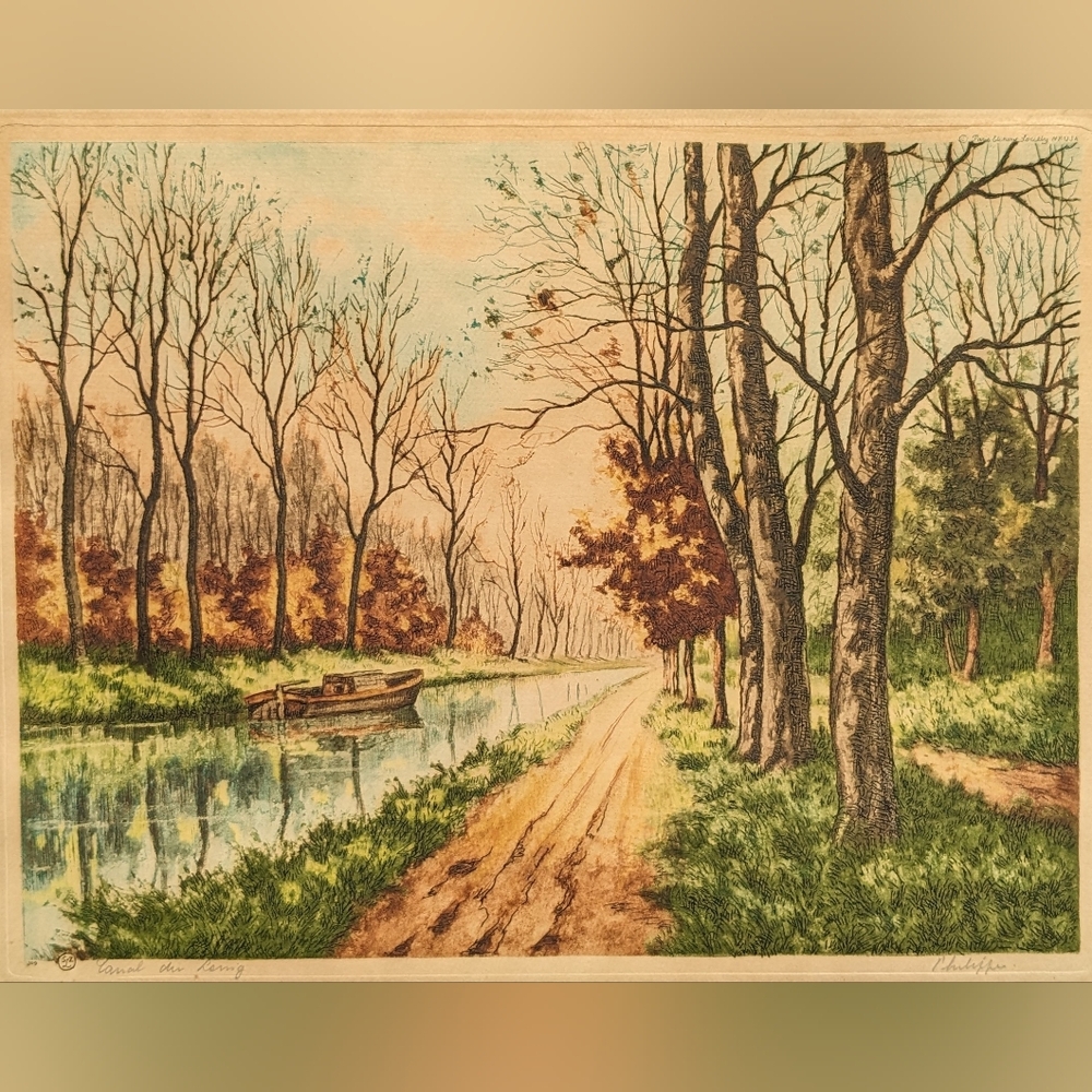 Canal in Loing, France Genuine Etching signed by Philippe no.309